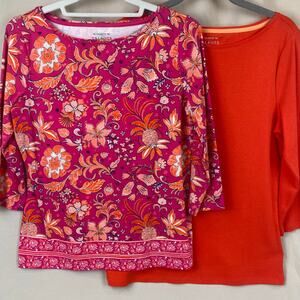 Talbots Tee 3/4 Sleeve Bateau Neck Cotton Shirt Lot Floral Pink Orange Pt Medium